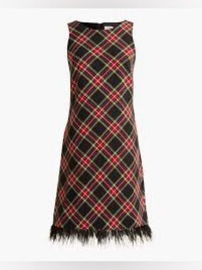 J. Crew Factory Tartan feather-trim mini dress